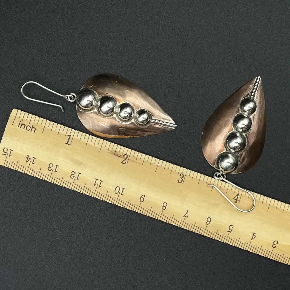 Vintage Silver Copper Ball Bead Domed Leaf Dangle Earrings Bohemian‎ Style